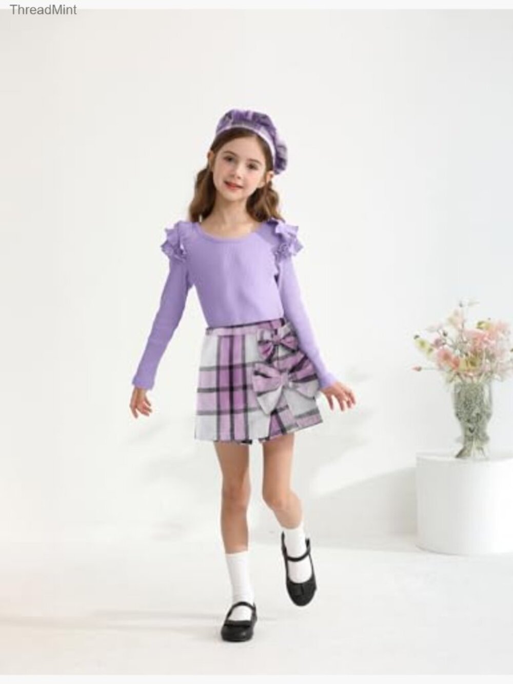 Kids Ruffle Sleeve Top & Plaid Skort Set with Hat 3PCS Size 11-12 - Picture 2 of 7